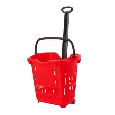 40L Supermarket plastic rolling shopping hand basket with handles with 2 wheels