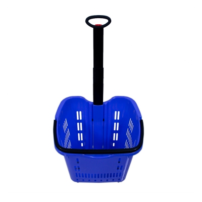 Supermarket 50L plastic rolling shopping basket with 2 wheels 