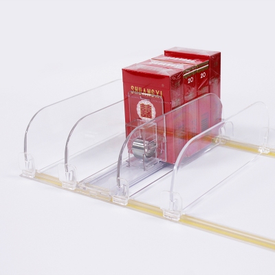 transparent supermarket plastic products adjustable bottle cigarettes shelf dividers and pushers 