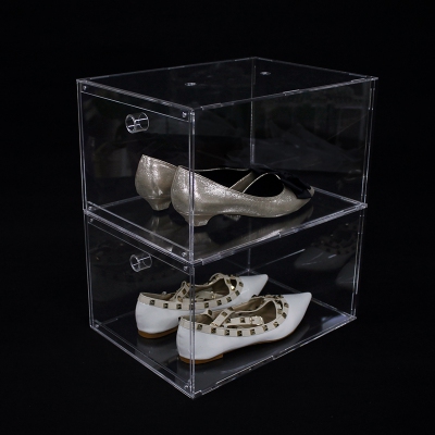 Custom Transparent clear foldable stackable acrylic sneaker shoes boxes drop front shoe display box detachable